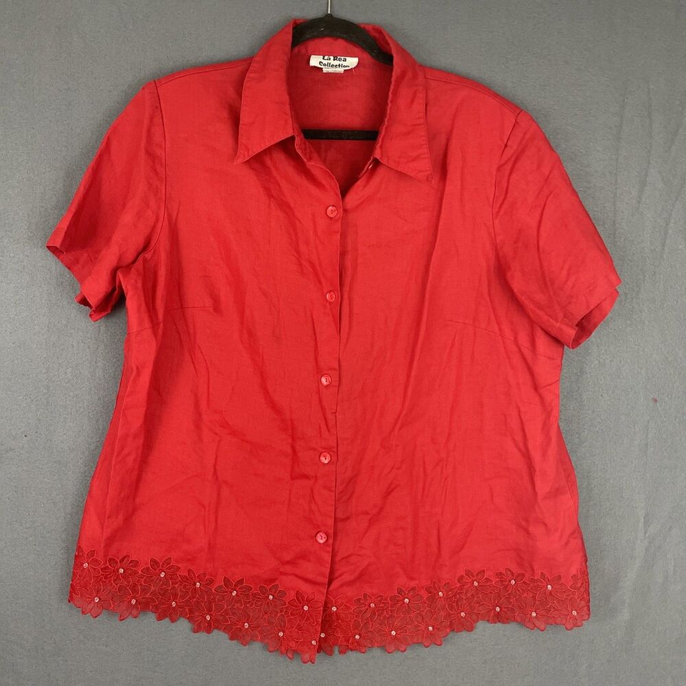 La Rea Collection Womens Linen Top 2X Red Short Sleeve Button Front Lace Trim